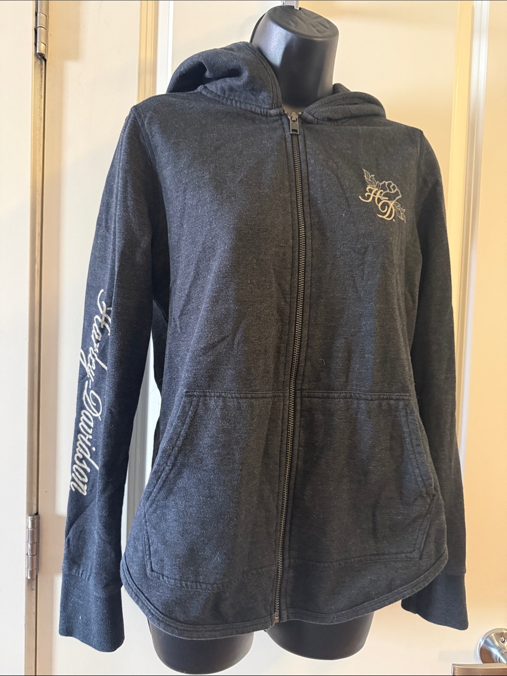 GUC Harley Davidson Tattoo Style Gray Zip Up Hoodie Size Medium - Picture 3 of 8